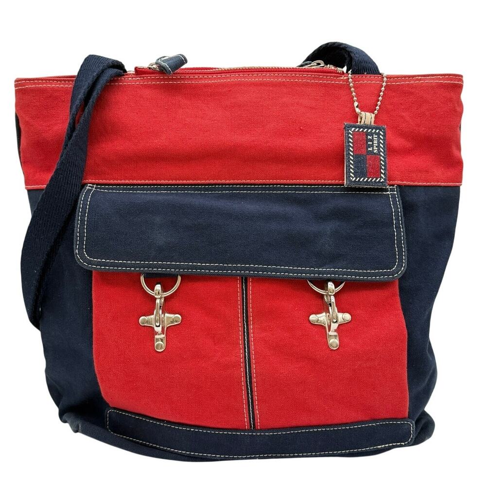 Liz Claiborne LIZ Spirit Cotton Canvas Tote Bag Navy Red Nautical Preppy Y2K